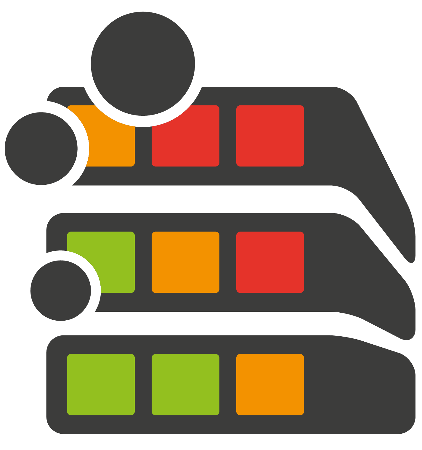 Risk Manager Logo - Quadratische Form mit den Farben orange, rot und grün und drei Kreisen im linken oberen Bereich