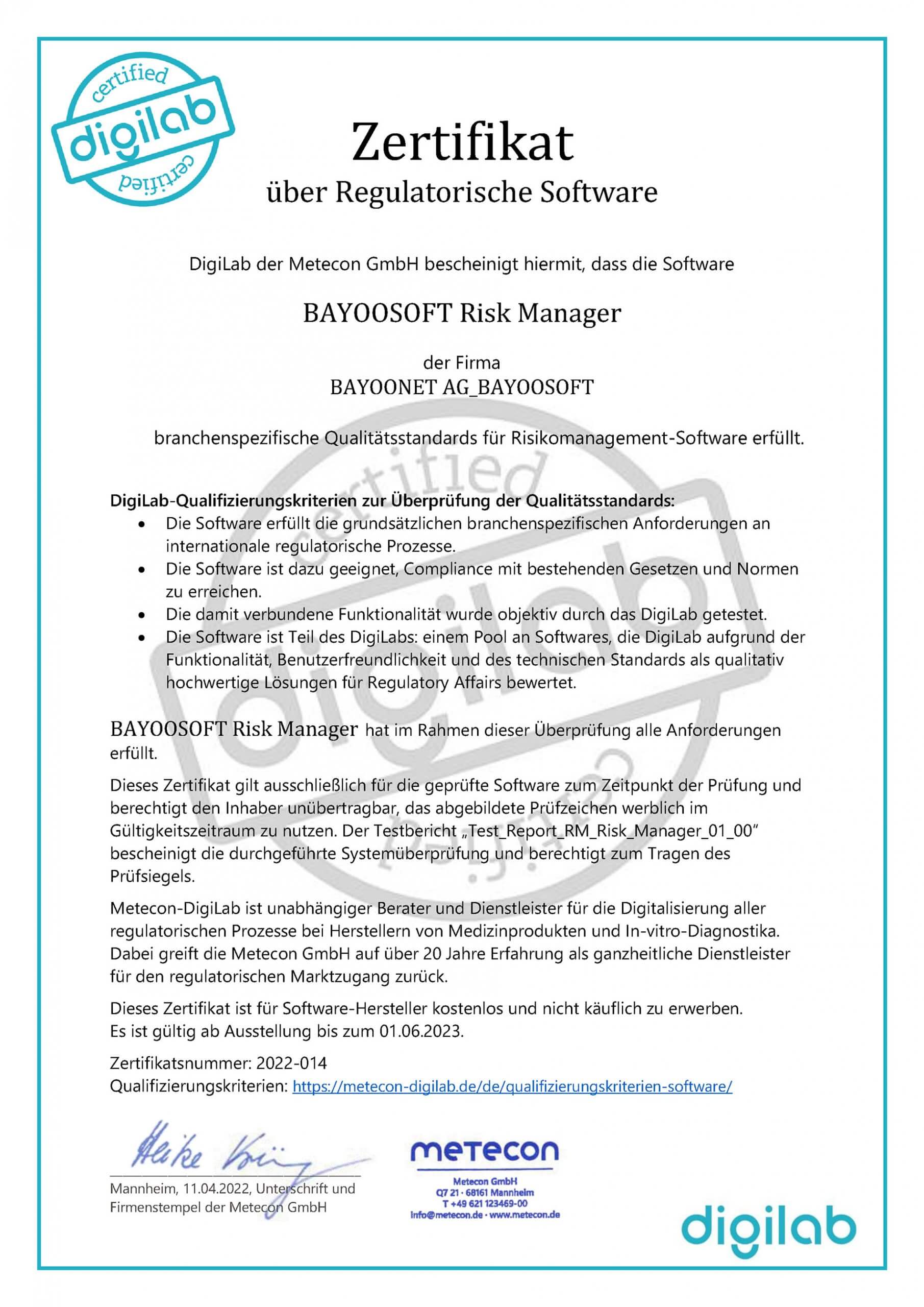 Zertifikat DigiLab für den BAYOOSOFT Risk Manager